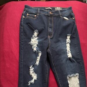 Fashion Nova Dark Blue Distressed Skinny Jeans